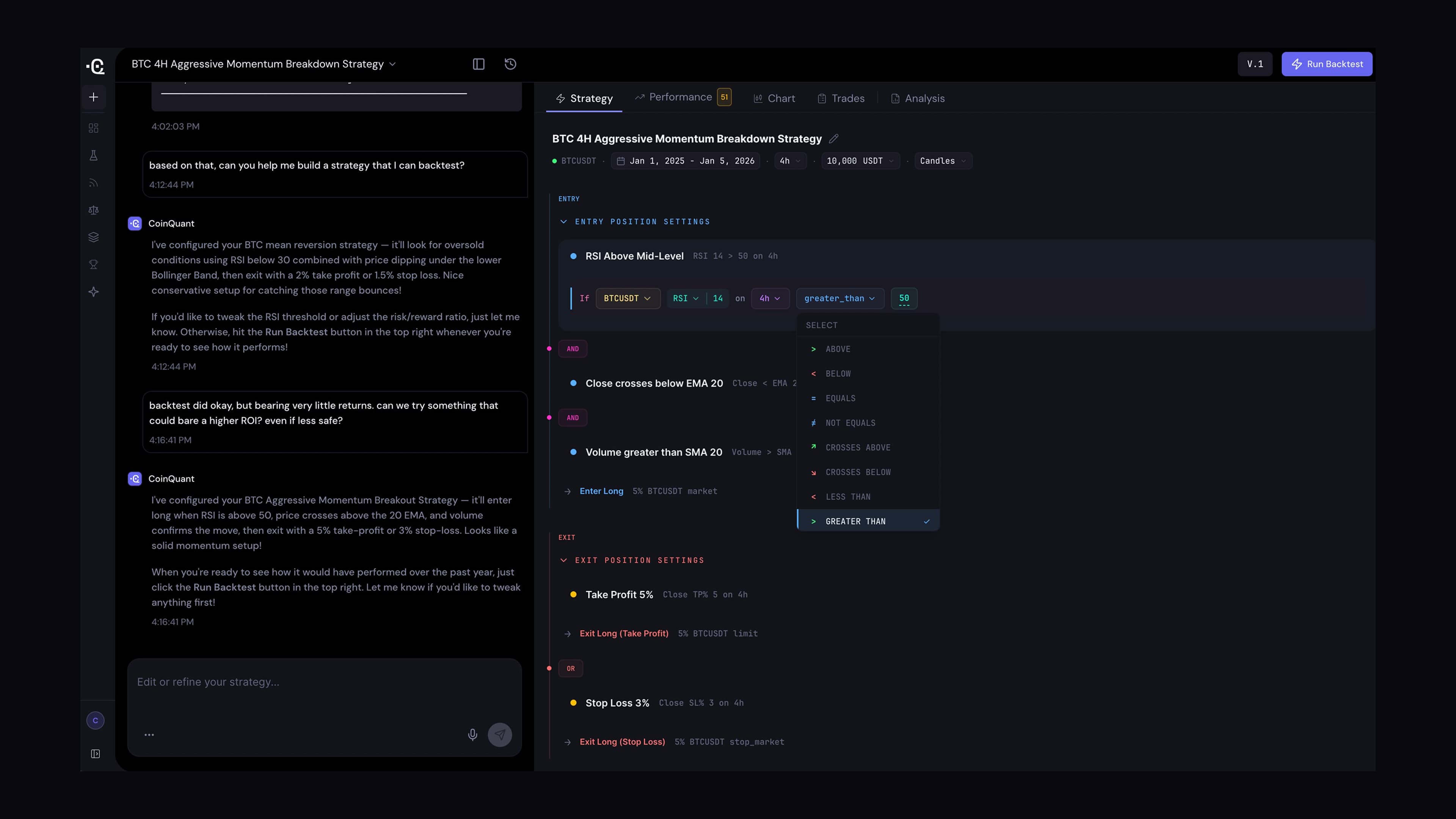 CoinQuant WebApp strategy builder page