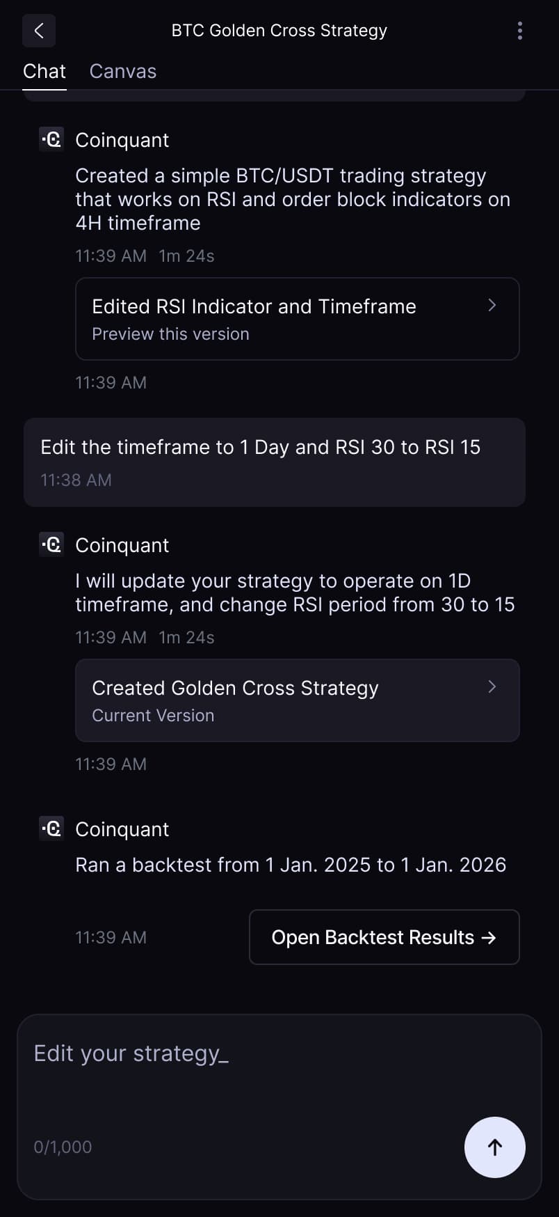 CoinQuant mobile app strategy builder page
