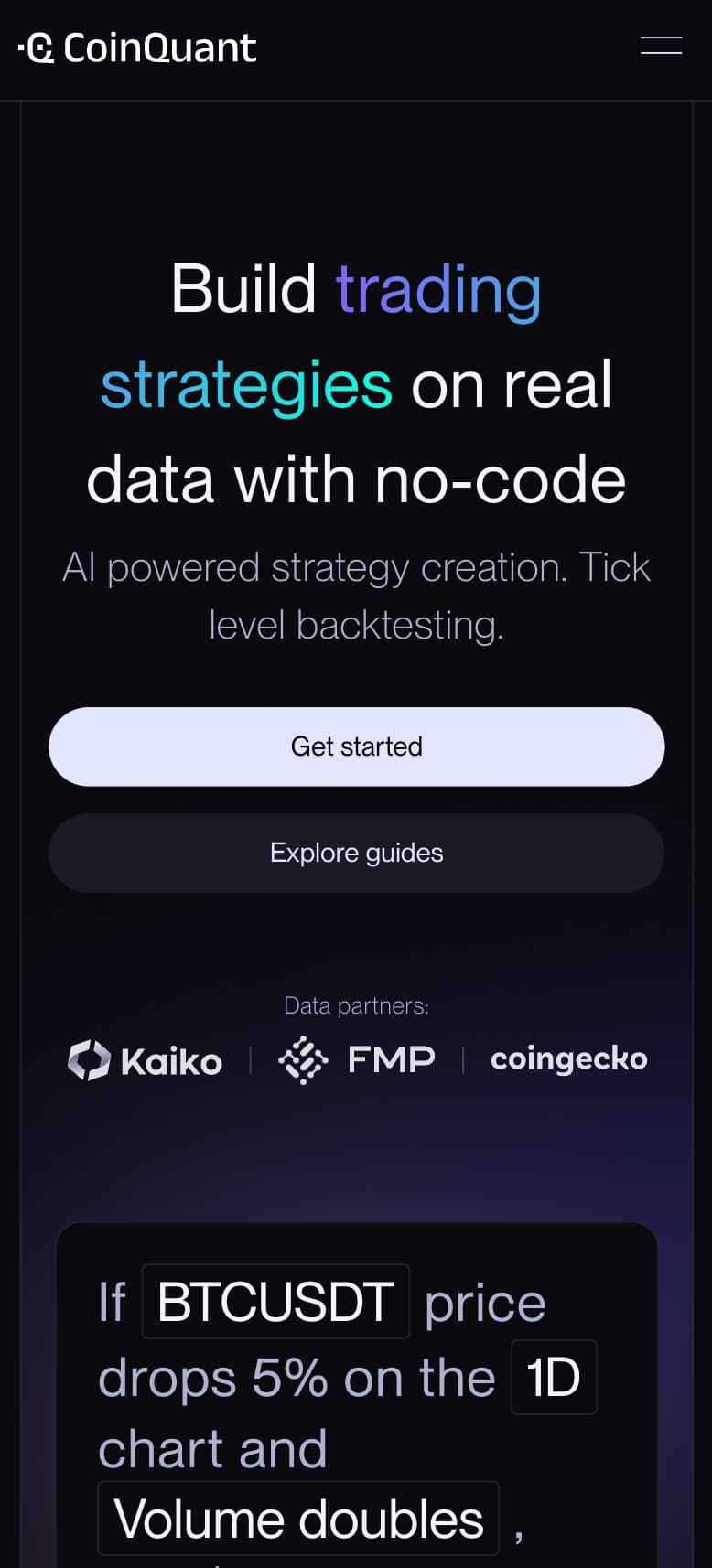 Snippet from CoinQuant's homepage on mobile