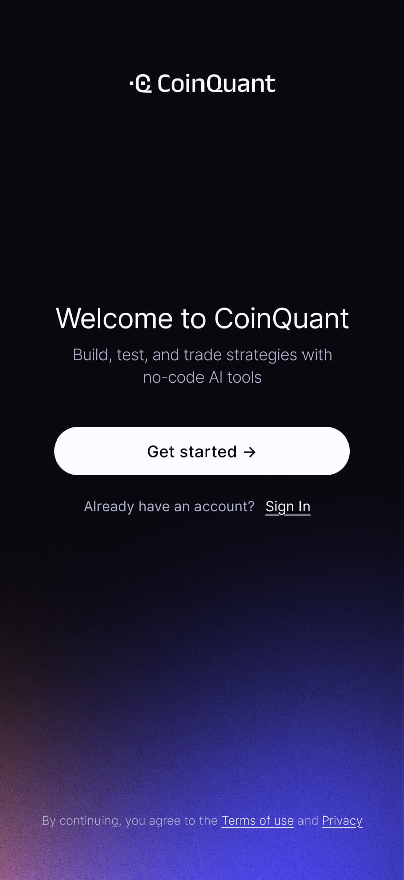 CoinQuant mobile app login page