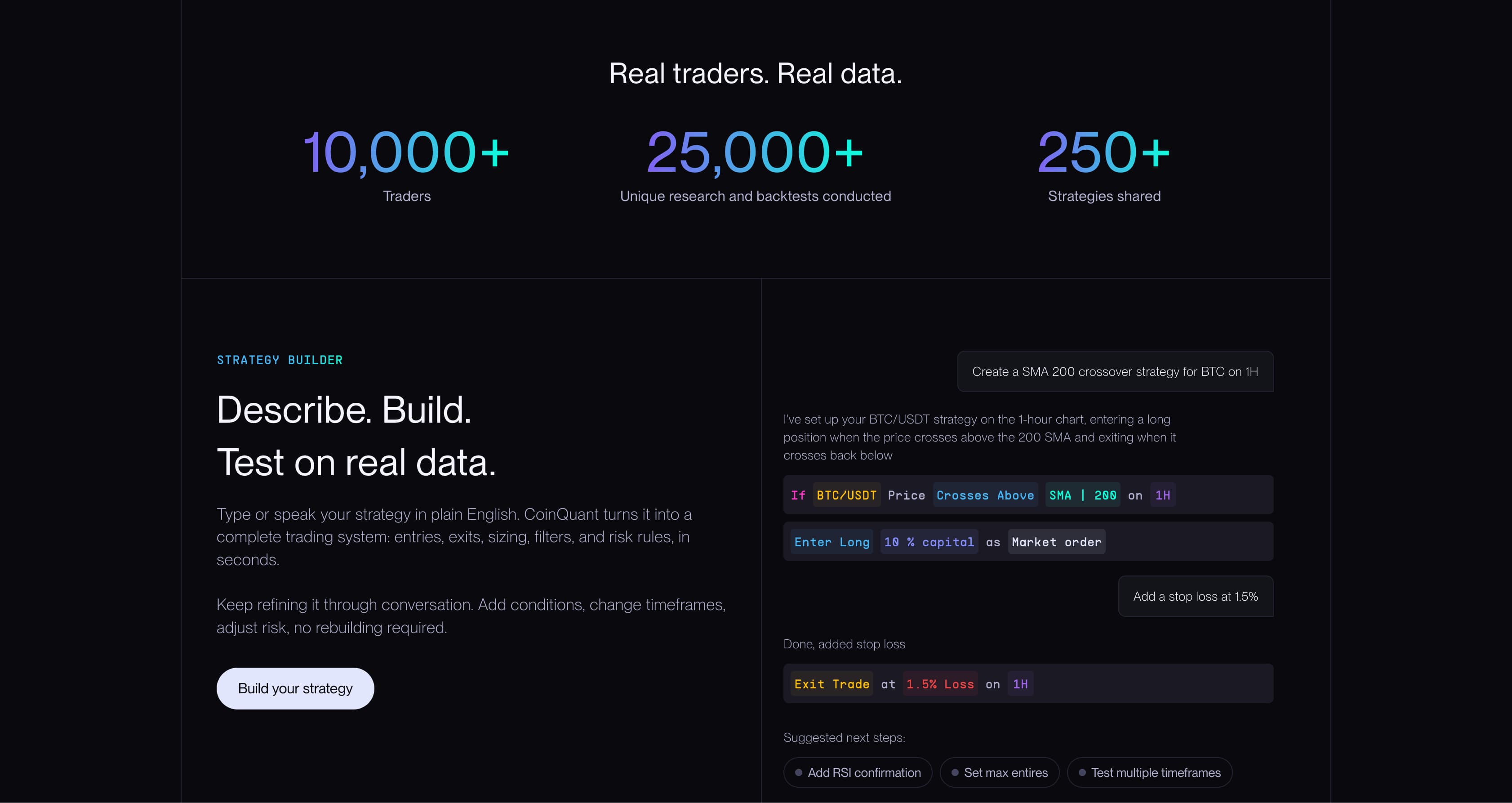 Snippet from CoinQuant's homepage showing strategy builder feature